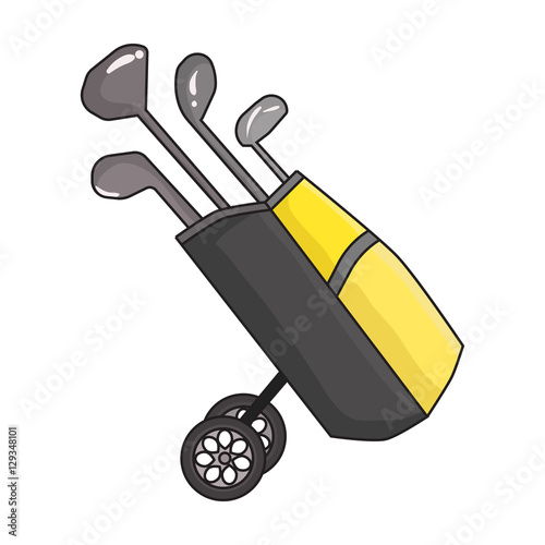Golf bag on wheels with clubs icon in cartoon style isolated on white background. Golf club symbol stock vector illustration.