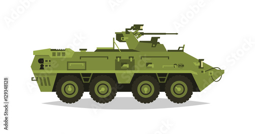 Armored infantry vehicle. Exploration, inspection, optical review, armor, protection, gun, ammo. Equipment for the war. The attack on the enemy. Heavy trucks, all-terrain vehicle. Vector illustration