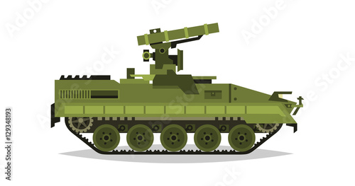 Self-propelled anti-tank missile system. Research, inspection, optical review, missiles, air attack. Equipment for the war. All Terrain Vehicle, heavy machinery. Vector illustration