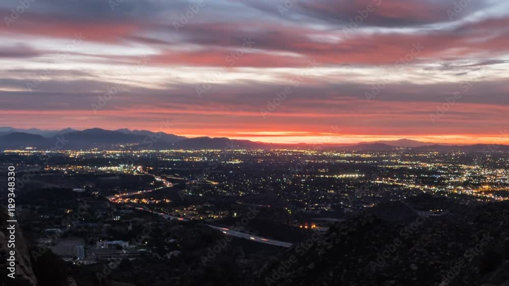 Los Angeles San Fernando Valley mountain view sunrise time lapse with zoom out. Shot from Rocky Peak Park in the Santa Susana Mountains in Southern California. Los Angeles San Fernando Valley mountain view sunrise time lapse with zoom out. Shot from Rocky Peak Park in the Santa Susana Mountains in Southern California.