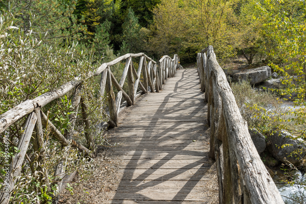 Vanishing old wooden footbridge with rails over river. Mount Olympus, Pieria, Greece.
