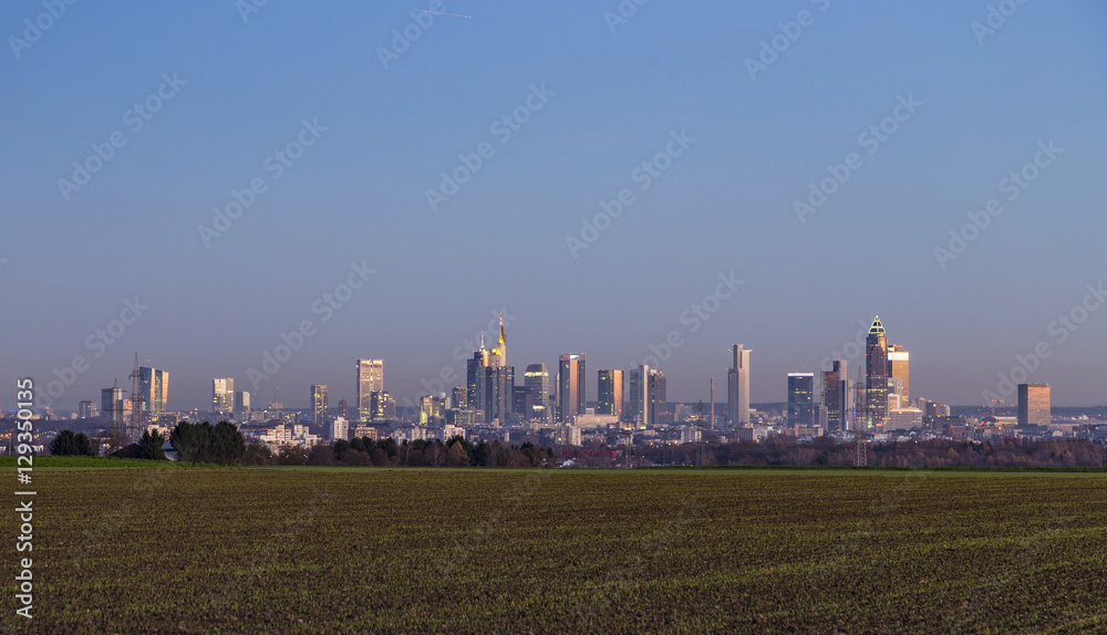 view of Frankfurt skyline with fields by night