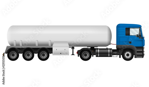 Blue lorry with white cistern. Isolated tanker on white background, side view. Cargo vehicle template. All elements in groups on separate layers. The ability to easily change the color.