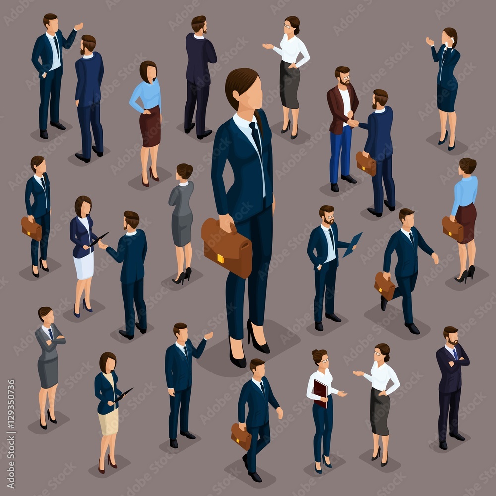 People Isometric 3D, the big boss is a woman leader, a businessman and a business woman, business clothes. The concept of office workers, director and subordinates