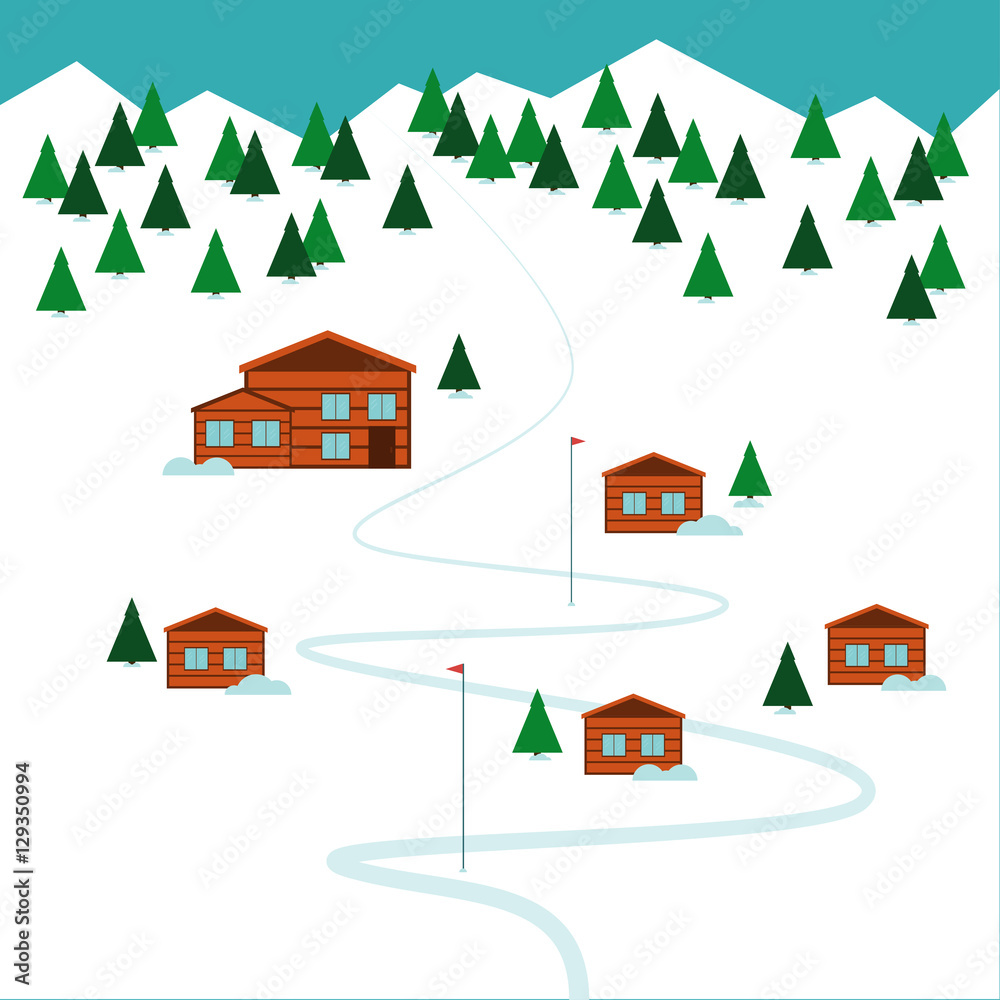 Winter ski resort Vector illustration Ski resort on the top of the mountain and forest Flat design