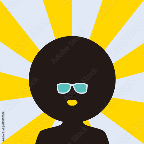 Curly girl Vector illustration Silhouette of afro girl with plump lips and curly hair in sunglasses on the striped background