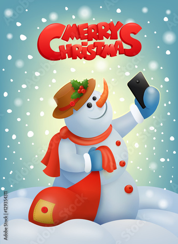 Christmas snowman with smart phone making selfie