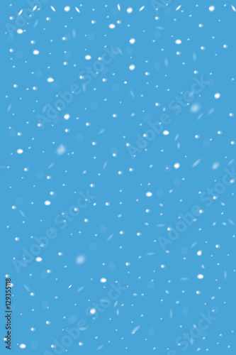 Falling snow on blue background. Vector image. Abstract snowflake backdrop. Winter composition with glowing elements. Snowfall in motion. Template in seasonal style for your design. Snowy vertical.