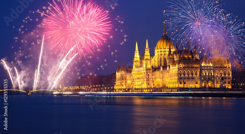 Budapest Parliament with fireworks