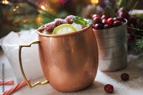 Photography Cranberry Moscow Mule against holiday xmas background