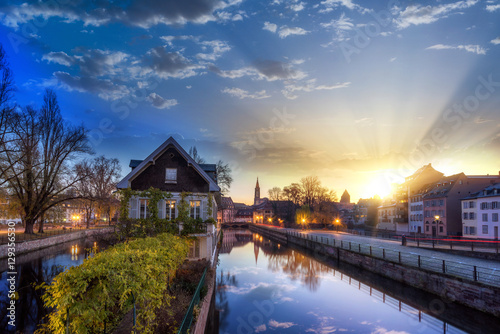 Strasbourg, medieval bridge Ponts Couverts is located in the historic district "Petite France". Alsace, France.