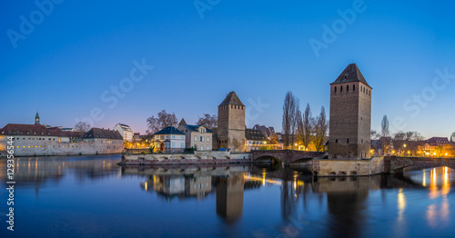 Strasbourg, medieval bridge Ponts Couverts is located in the historic district "Petite France". Alsace, France.