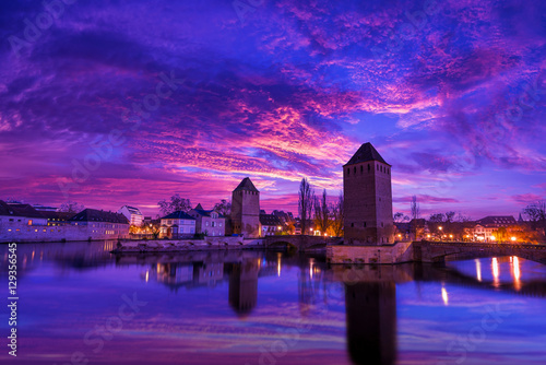 Strasbourg, medieval bridge Ponts Couverts is located in the historic district "Petite France". Alsace, France.