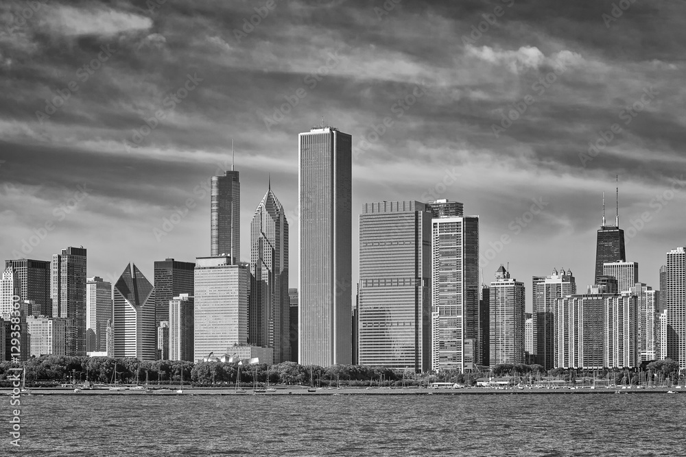 Black and white photo of Chicago city skyline, USA