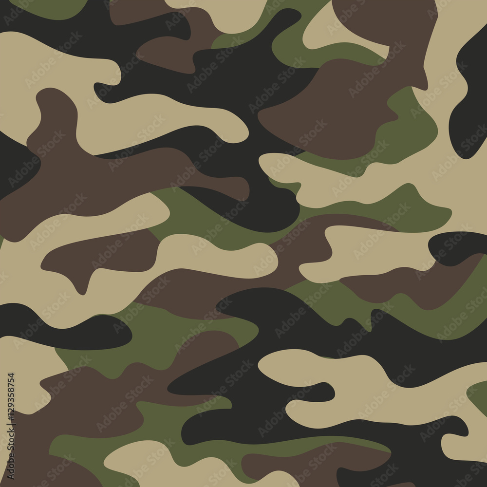 Fototapeta premium Camouflage pattern background. Classic clothing style masking camo repeat print. Green brown black olive colors forest texture. Design element. Vector illustration.