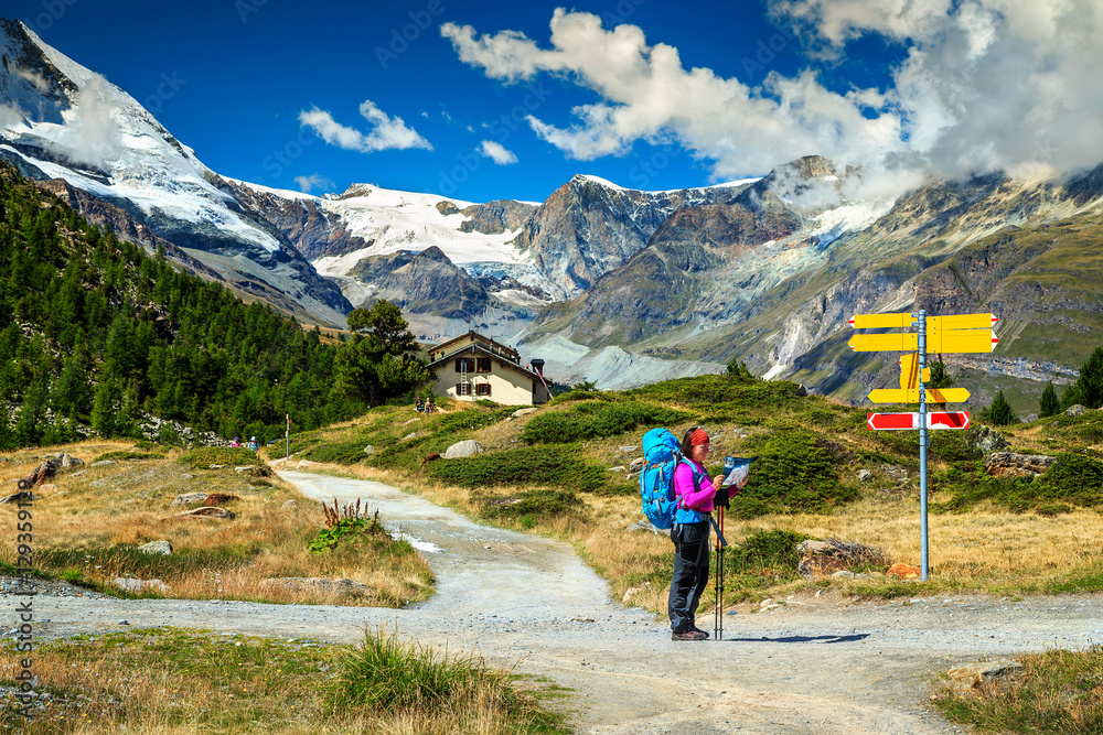 Alpine hiking trails with hikers,Zermatt,Switzerland,Europe