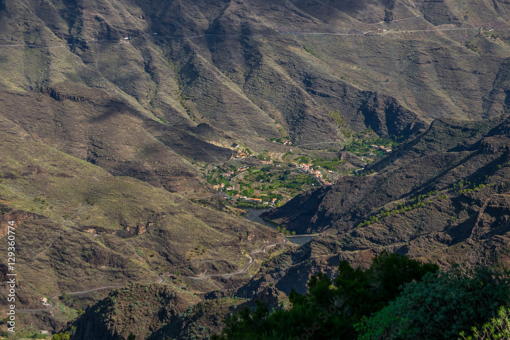  View down the valley towards roque de agando and Vallehermoso, La Gomera, Canary Islands