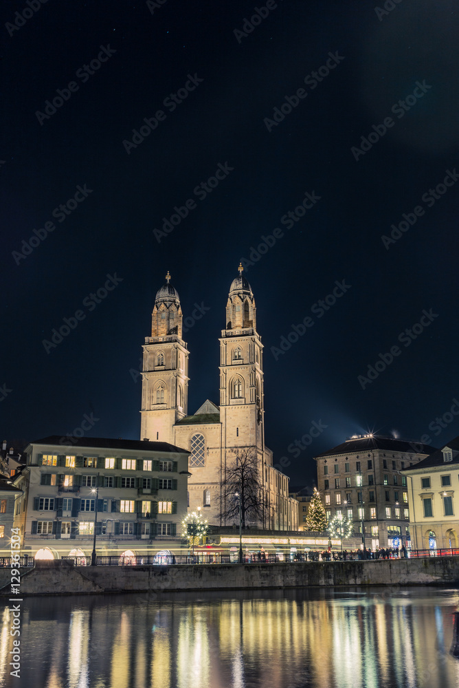 View of the Grossmunster cathedral in Zurich from the riverside