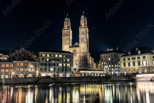 View of the Grossmunster cathedral in Zurich from the riverside