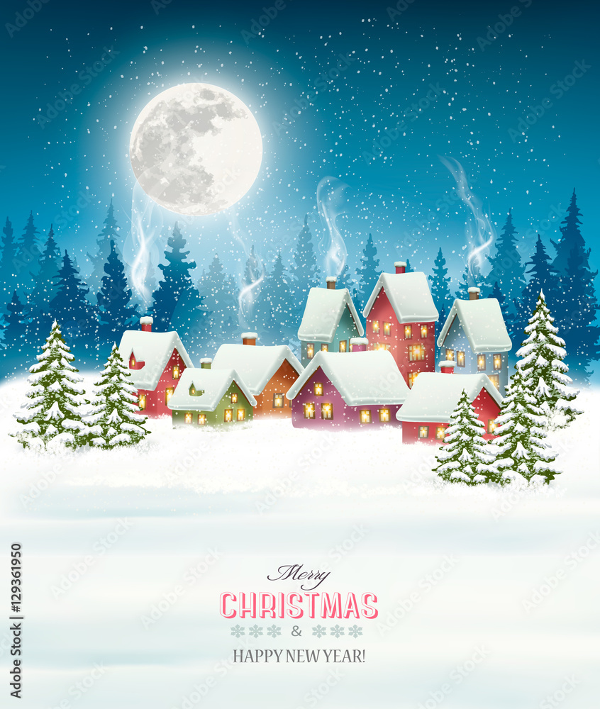 Christmas greeting card against snow covered village. Vector