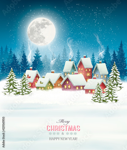 Christmas greeting card against snow covered village. Vector