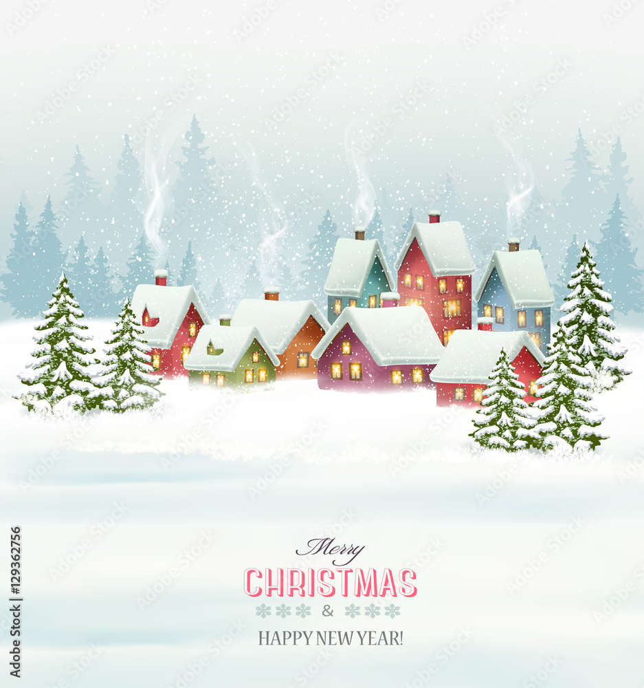 Holiday Christmas background with a village and  trees. Vector.