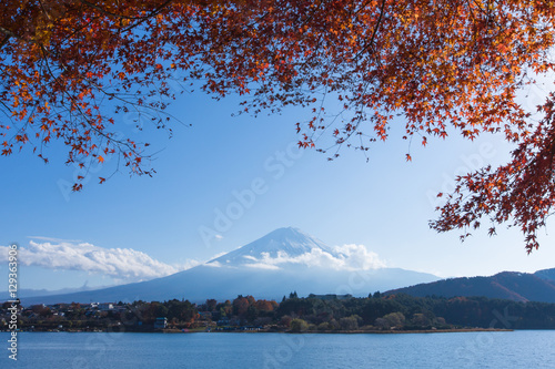 Mountain Mt. Fuji and lake in japan with blue cloud sky and red maple tree © pompixs