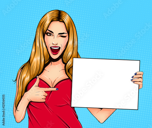 Pop Art Vintage advertising poster comic girl with speech bubble. Pretty girl pointing to the side