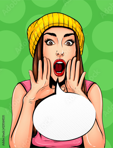 Pop Art Vintage poster comic girl with speech bubble. Pretty girl announcing, telling a secret, shouting or yelling