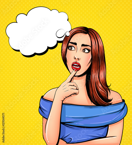 Pop Art Vintage advertising poster comic girl with speech bubble. Confused thinking pretty girl