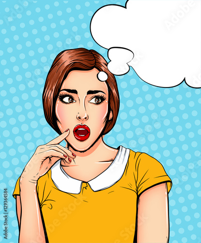 Pop Art Vintage advertising poster comic girl with speech bubble. Confused thinking pretty girl