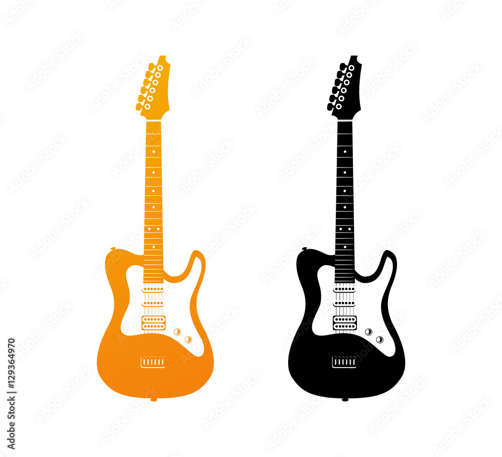 Naklejka premium Set of Icons with Electric Guitars in Golden and Black Colors - Rock Music Instrument in vertical pose, Vector Illustration isolated on white background.