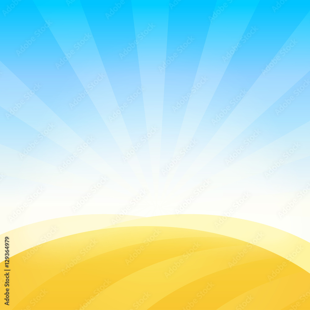 Landscape with Farm Field of Wheat under Blue Daily Sky. Vector Background Pattern.