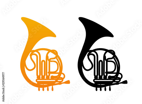 Golden French Horn Icon with Black Silhouette isolated on White Background.