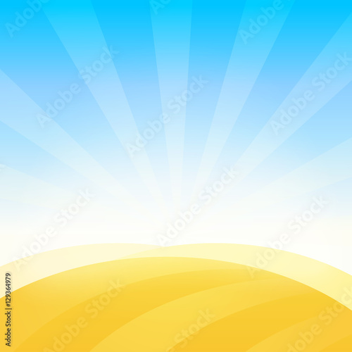 Landscape with Farm Field of Wheat under Blue Daily Sky. Vector Background Pattern.