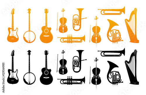 Set Icons of Orchestral Musical Instruments in Golden and Black Color. Vector Illustrations with Silhouette of Classic  Jazz and Rock Music Instruments.