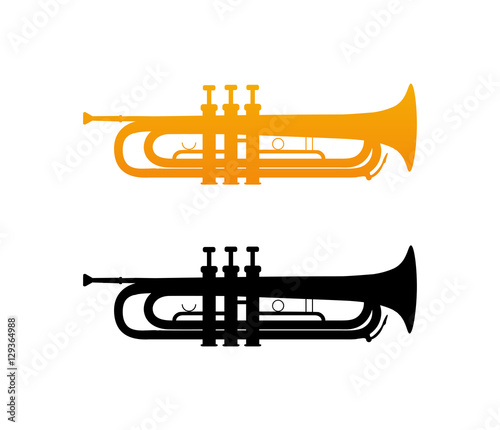 Vector Icon of Golden Trumpet with Black Silhouette of Brass Instrument Isolated on White Background.