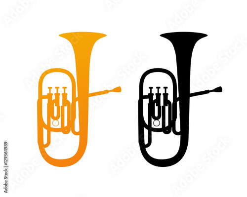 Golden Icon of Tuba - Brass Music Instrument with Black Silhouette isolated on white background.