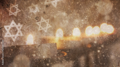 Happy Hanukkah.Menorah Snow and Star of David on Concrete © porcomanzi