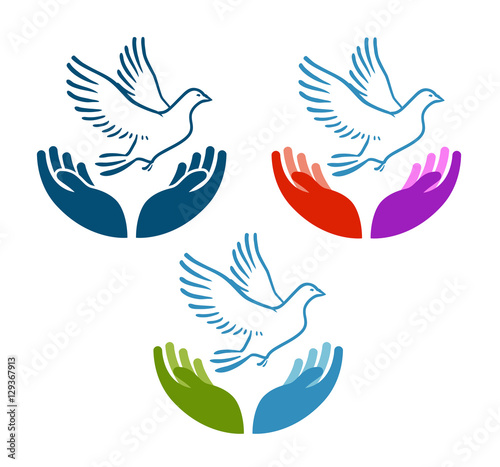 Pigeon of peace flying from open hands icon. Charity, ecology, natural environment vector logo or symbol