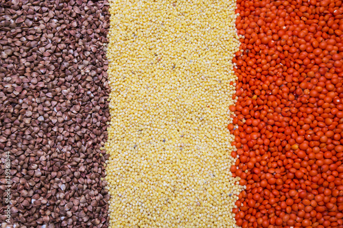 buckwheat, millet, lentil background, texture