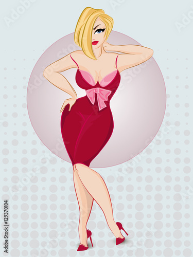 Beautiful pin-up sexy woman wearing red dress. Pop art blonde girl vector with dots background