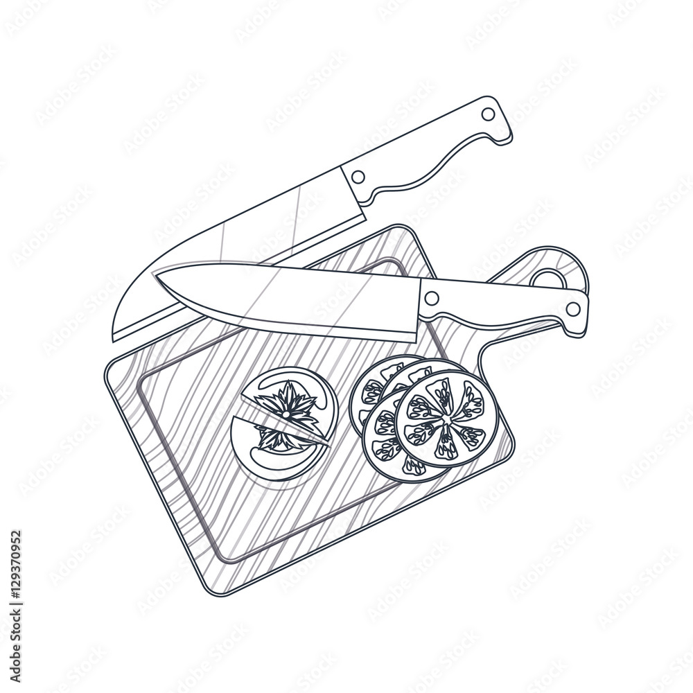 Vetor de Knife table and tomato icon. Kitchen supply tool and cooking