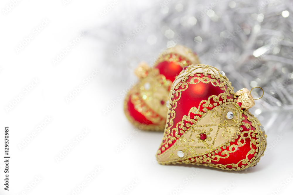 Closeup of red Christmas balls heart