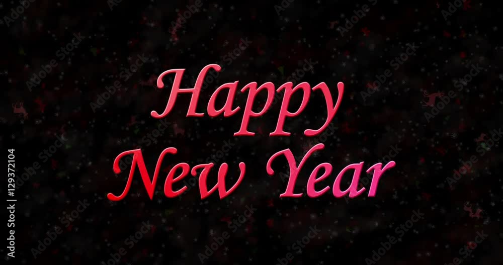Happy New Year text turns to dust from bottom on black animated background
