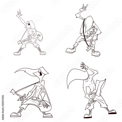 Line drawing vector illustration of a heavy metal musicians, guitarists