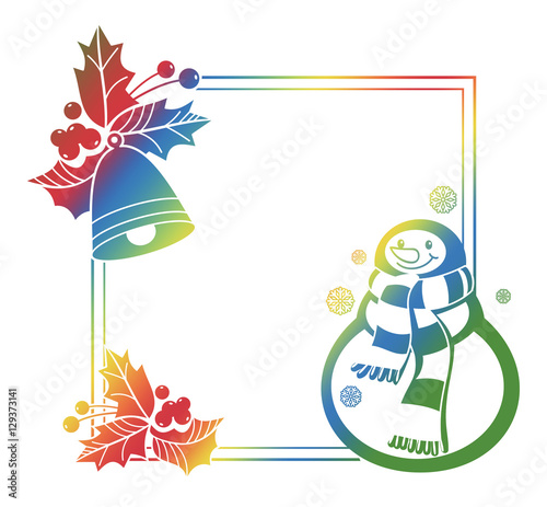 Gradient frame with funny snowman, holly berries and Christmas bells silhouettes