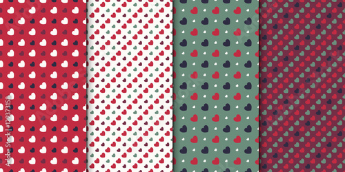 Set of 4 elegant seamless patterns with hearts. Romantic patterns for wedding invitations, greeting cards, print, gift wrap. Collection of regular surface pattern hearts in Christmas pallette.