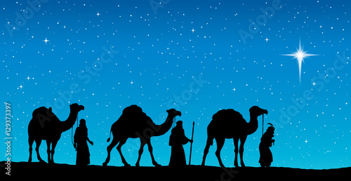 Three Wise kings following Star of Bethlehem. Vector illustratio