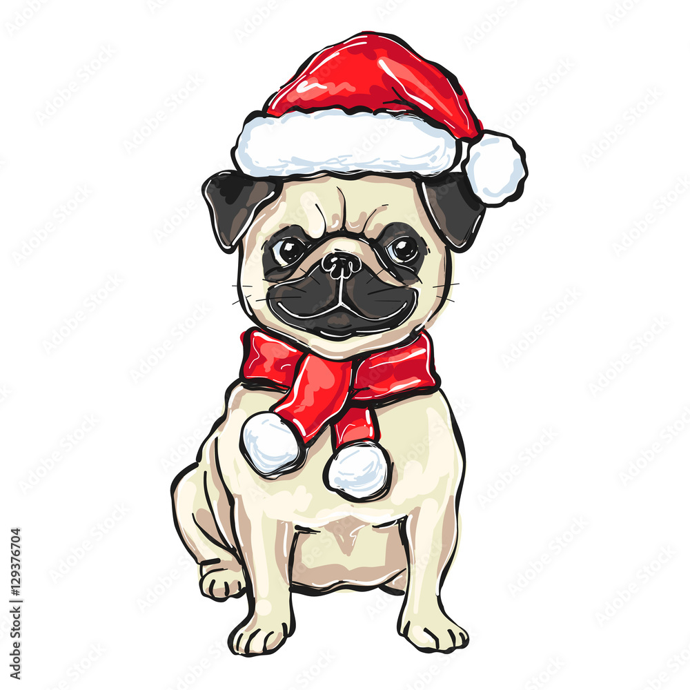 funny Christmas pug dog in Santa hat, vector illustration funny Christmas pug dog in Santa hat, vector illustration